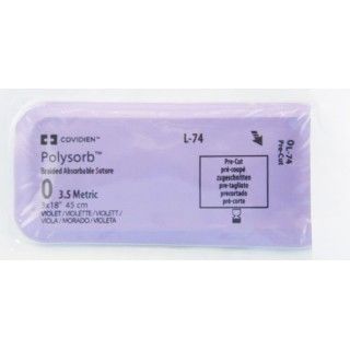[L74] Medtronic Polysorb 3 cm x 45 cm Size 0 Pre-Cut Braided Synthetic Absorbable Coated Suture, Violet, 36/Box