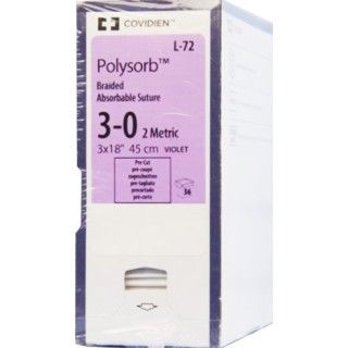 [L72] Medtronic Polysorb 3 cm x 45 cm Size 3-0 Pre-Cut Braided Synthetic Absorbable Coated Suture, Violet, 36/Box