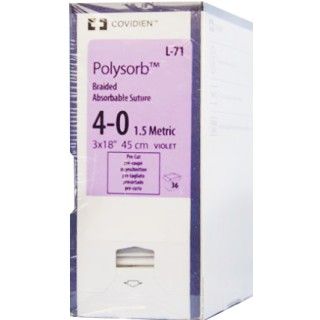 [L71] Medtronic Polysorb 3 cm x 45 cm Size 4-0 Pre-Cut Braided Synthetic Absorbable Coated Suture, Violet, 36/Box