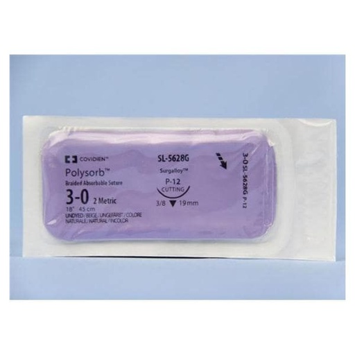 [SL5628G] Medtronic Polysorb 45 cm 3/8 Circle Size 3-0 P-12 Braided Synthetic Absorbable Coated Suture, 12/Box