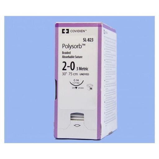 [SL823] Medtronic Polysorb 75 cm 3/8 Circle Size 2-0 C-14 Braided Synthetic Absorbable Coated Suture, 36/Box