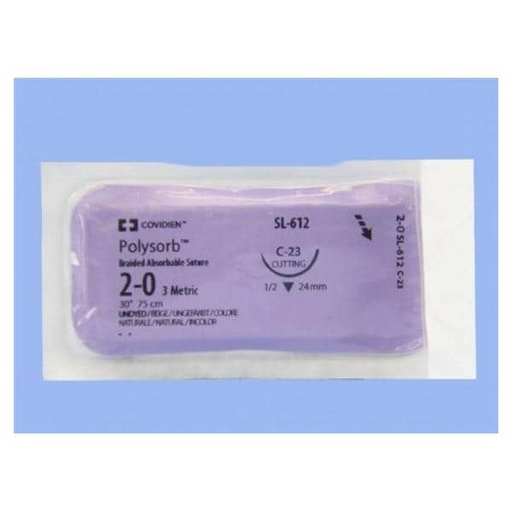 [SL612] Medtronic Polysorb 75 cm 1/2 Circle Size 2-0 C-23 Braided Synthetic Absorbable Coated Suture, 36/Box