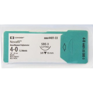 [8886440133] Medtronic Novafil 45 cm 3/8 Circle Size 4-0 SBE-3 Monofilament Polybutester Suture, Blue, 12/Box