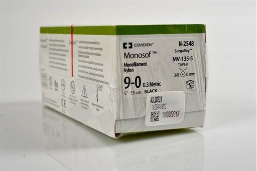 [N2548] Medtronic Monosof 13 cm 3/8 Circle Size 9-0 MV-135-5 Monofilament Nylon Suture, Black, 12/Box