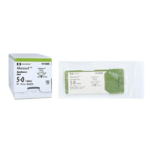 [SN5666G] Medtronic Monosof 45 cm 3/8 Circle Size 5-0 P-12 Monofilament Nylon Suture, Black, 12/Box
