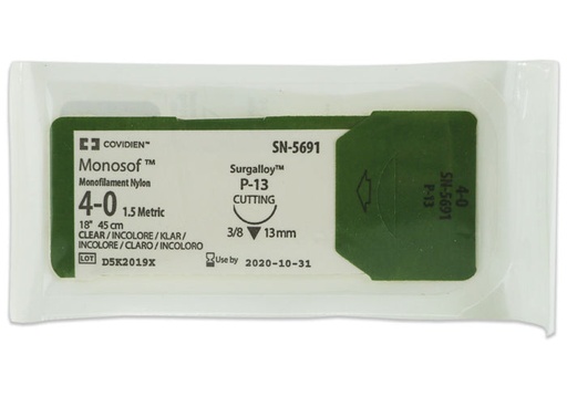 [SN5691] Medtronic Monosof 45 cm 3/8 Circle Size 4-0 P-13 Monofilament Nylon Suture, Clear, 36/Box