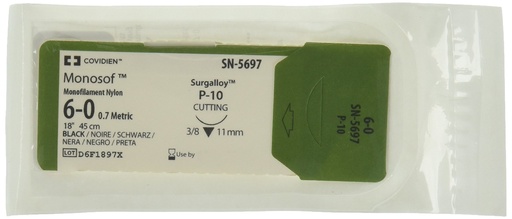 [SN5697] Medtronic Monosof 45 cm 3/8 Circle Size 6-0 P-10 Monofilament Nylon Suture, Black, 36/Box