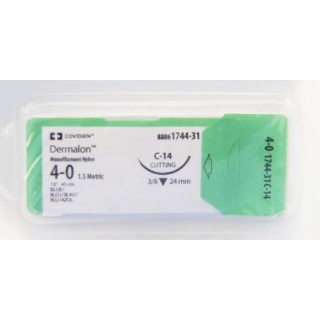 [8886174431] Medtronic Dermalon 45 cm 3/8 Circle Size 4-0 C-14 Monofilament Nylon Suture, Blue, 36/Box