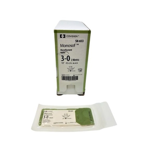 [SN653] Medtronic Monosof Dermalon 18 inch 3/8 Circle Size 3-0 C-13 Monofilament Nylon Suture, Black, 36/Box