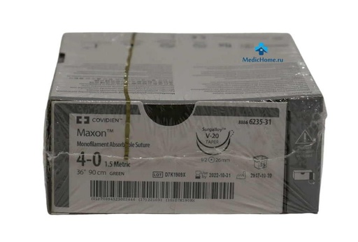 [8886623531] Medtronic Maxon 90 cm 1/2 Circle Size 4-0 V-20 Monofilament Polyglyconate Synthetic Absorbable Suture, Green, 36/Box