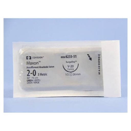 [8886623351] Medtronic Maxon 75 cm 1/2 Circle Size 2-0 V-20 Monofilament Polyglyconate Synthetic Absorbable Suture, Green, 36/Box