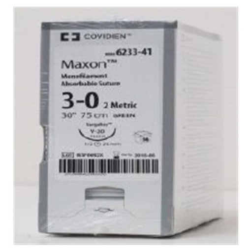 [8886623341] Medtronic Maxon 75 cm 1/2 Circle Size 3-0 V-20 Monofilament Polyglyconate Synthetic Absorbable Suture, Green, 36/Box