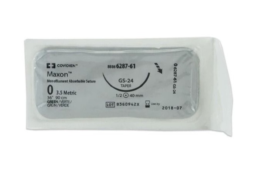 [8886628761] Medtronic Maxon 90 cm 1/2 Circle Size 0 GS-24 Monofilament Polyglyconate Synthetic Absorbable Suture, Green, 36/Box