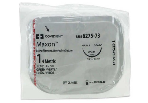[8886627573] Medtronic Maxon 5 cm x 45 cm 1/2 Circle Size 1 GS-21 Monofilament Polyglyconate Synthetic Absorbable Suture, Green, 12/Box