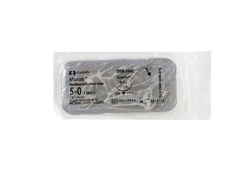 [SMM5042] Medtronic Maxon 45 cm 3/8 Circle Size 5-0 P-12 Monofilament Polyglyconate Synthetic Absorbable Suture, Clear, 36/Box