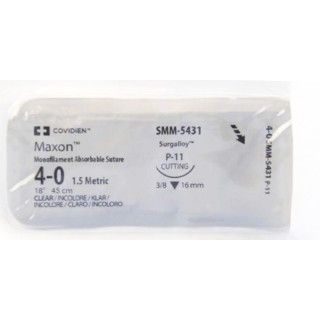 [SMM5431] Medtronic Maxon 45 cm 3/8 Circle Size 4-0 P-11 Monofilament Polyglyconate Synthetic Absorbable Suture, Clear, 36/Box