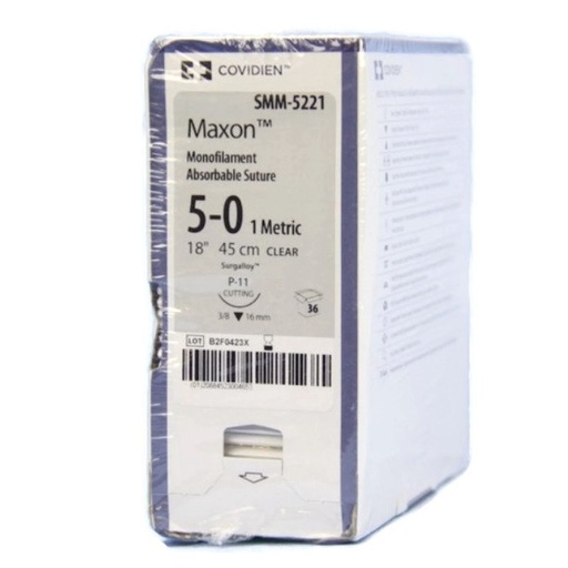 [SMM5221] Medtronic Maxon 45 cm 3/8 Circle Size 5-0 P-11 Monofilament Polyglyconate Synthetic Absorbable Suture, Clear, 36/Box
