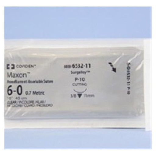 [8886653211] Medtronic Maxon 45 cm 3/8 Circle Size 6-0 P-10 Monofilament Polyglyconate Synthetic Absorbable Suture, Clear, 36/Box
