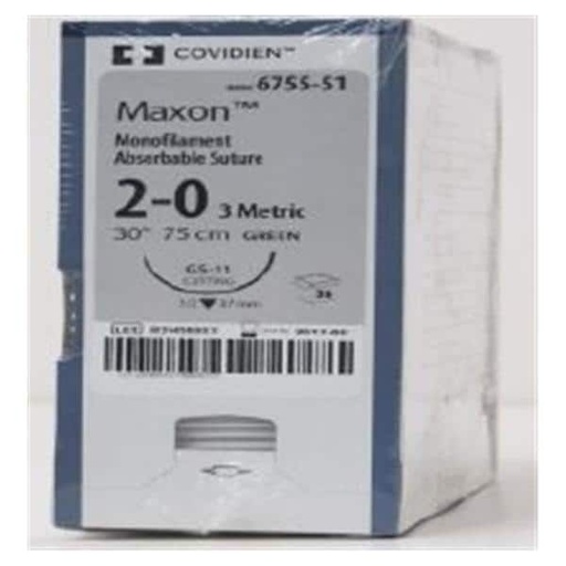 [8886675551] Medtronic Maxon 75 cm 1/2 Circle Size 2-0 GS-11 Monofilament Polyglyconate Synthetic Absorbable Suture, Green, 36/Box
