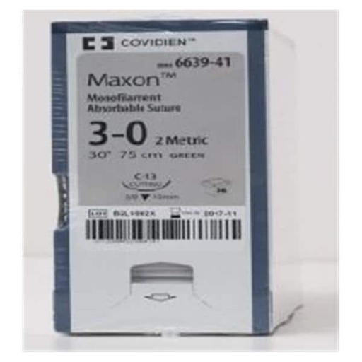 [8886663941] Medtronic Maxon 75 cm 3/8 Circle Size 3-0 C-13 Monofilament Polyglyconate Synthetic Absorbable Suture, Green, 36/Box