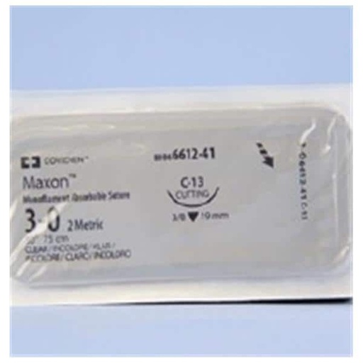 [8886661241] Medtronic Maxon 75 cm 3/8 Circle Size 3-0 C-13 Monofilament Polyglyconate Synthetic Absorbable Suture, Clear, 36/Box