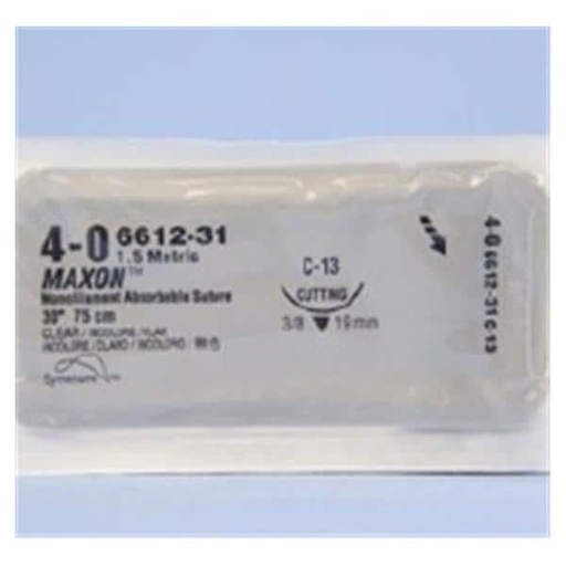 [8886661231] Medtronic Maxon 75 cm 3/8 Circle Size 4-0 C-13 Monofilament Polyglyconate Synthetic Absorbable Suture, Clear, 36/Box