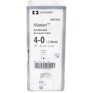 [SMM5536] Medtronic Maxon 45 cm 3/8 Circle Size 4-0 P-13 Monofilament Polyglyconate Synthetic Absorbable Suture, Clear, 36/Box