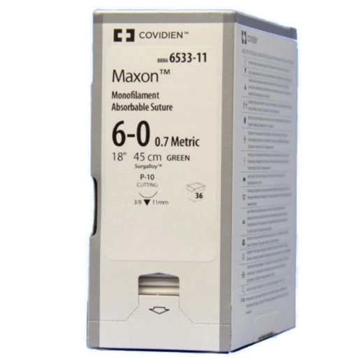 [8886653311] Medtronic Maxon 45 cm 3/8 Circle Size 6-0 P-10 Monofilament Polyglyconate Synthetic Absorbable Suture, Green, 36/Box