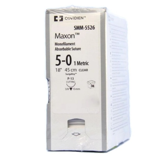 [SMM5526] Medtronic Maxon 45 cm 3/8 Circle Size 5-0 P-13 Monofilament Polyglyconate Synthetic Absorbable Suture, Clear, 36/Box