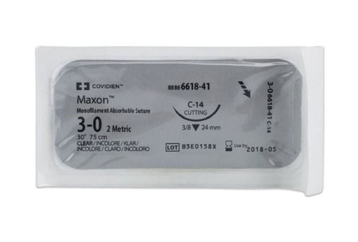 [8886661841] Medtronic Maxon 75 cm 3/8 Circle Size 3-0 C-14 Monofilament Polyglyconate Synthetic Absorbable Suture, Clear, 36/Box