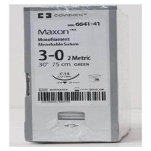 [8886664141] Medtronic Maxon 75 cm 3/8 Circle Size 3-0 C-14 Monofilament Polyglyconate Synthetic Absorbable Suture, Green, 36/Box