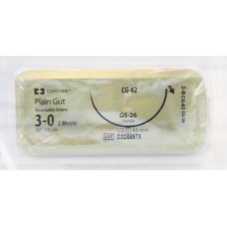[CG62] Medtronic Plain Gut 30 inch 1/2 Circle Size 3-0 GS-26 Sterile Absorbable Surgical Suture, 24/Box