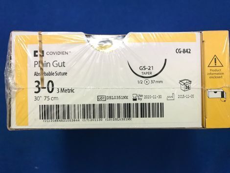 [CG842] Medtronic Plain Gut 30 inch 1/2 Circle Size 3-0 GS-21 Sterile Absorbable Surgical Suture, 36/Box
