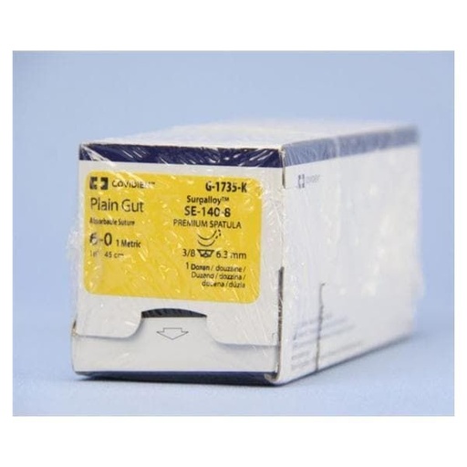 [G1735K] Medtronic Plain Gut 18 inch 3/8 Circle Size 6-0 SE-140-8 Sterile Absorbable Suture, 12/Box