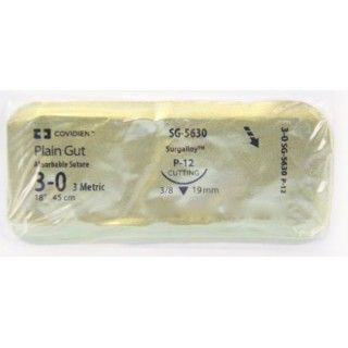 [SG5630] Medtronic Plain Gut 18 inch 3/8 Circle Size 3-0 P-12 Sterile Absorbable Suture, 36/Box