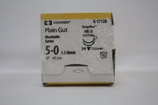 [G1772K] Medtronic Plain Gut 18 inch 3/8 Circle Size 5-0 HE-3 Sterile Absorbable Suture, 12/Box