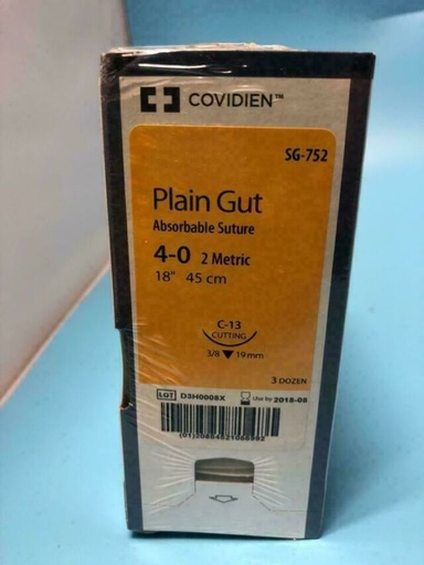 [SG752] Medtronic Plain Gut 18 inch 3/8 Circle Size 4-0 C-13 Sterile Absorbable Surgical Suture, 36/Box