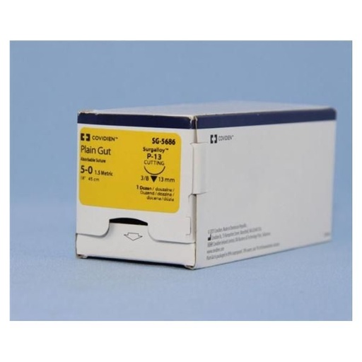 [SG5686] Medtronic Plain Gut 18 inch 3/8 Circle Size 5-0 P-13 Sterile Absorbable Suture, 12/Box