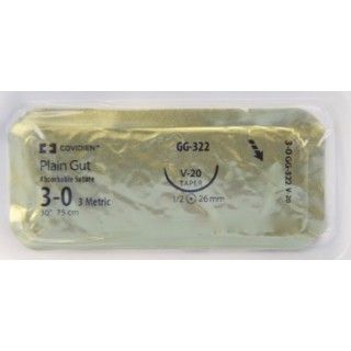 [GG322] Medtronic Plain Gut 30 inch 1/2 Circle Size 3-0 V-20 Sterile Absorbable Suture, 36/Box