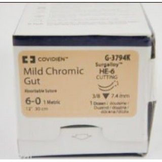[G3794K] Medtronic Mild Chromic Gut 12 inch 3/8 Circle Size 6-0 HE-6 Sterile Absorbable Suture, 12/Box
