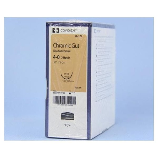 [GG121] Medtronic Chromic Gut 30 inch 1/2 Circle Size 4-0 V-20 Sterile Absorbable Suture, 36/Box