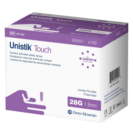 [AT1442] Owen Mumford Unistik® Touch™ Single Use Safety Lancet, Low Flow, 28G x 1.8mm