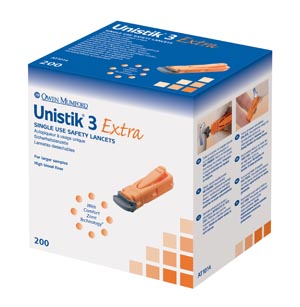 [AT1014] Owen Mumford Unistik® 3 Pre-Set Single Use Safety Lancet, Extra, 21G, 2.0mm Penetration Depth
