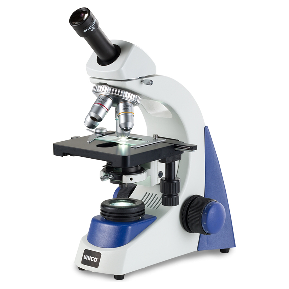 [G381PL-LED] Unico Monocular WF10X/18 High-Eyepoint Eyepiece 4X/10X/40X/100X(oil) Plan Achromatic Objective Microscope