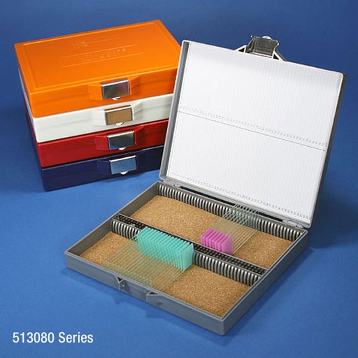 [513080AST] Globe Scientific 100-Place ABS Cork Lined Storage Box w/ SS Lock for 100 Slides, Assorted Colors, 5/Case