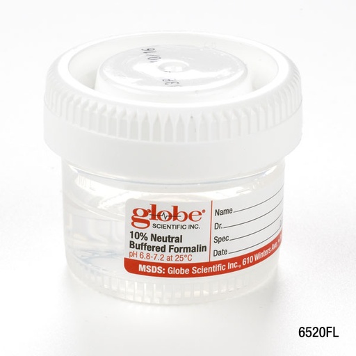 [6520FL] Globe Scientific 40 ml PP Click Close Containers w/ 10% Neutral Buffered Formalin, 96/Case