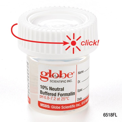 [6518FL] Globe Scientific 20 ml PP Click Close Containers w/ 10% Neutral Buffered Formalin, 96/Case