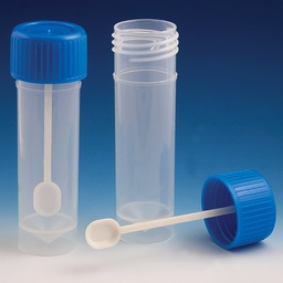 [109120] Globe Scientific 30 ml PP Self-Standing Fecal Collection Containers w/ Blue Screw Cap &amp; Spoon, 500/Case