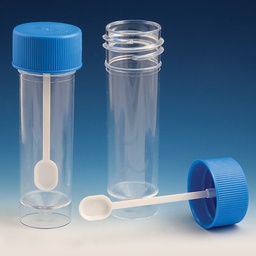 [109117] Globe Scientific 30 ml PS Self-Standing Fecal Collection Containers w/ Blue Screw Cap &amp; Spoon, 500/Case