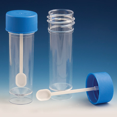 [109117] Globe Scientific 30 ml PS Self-Standing Fecal Collection Containers w/ Blue Screw Cap & Spoon, 500/Case